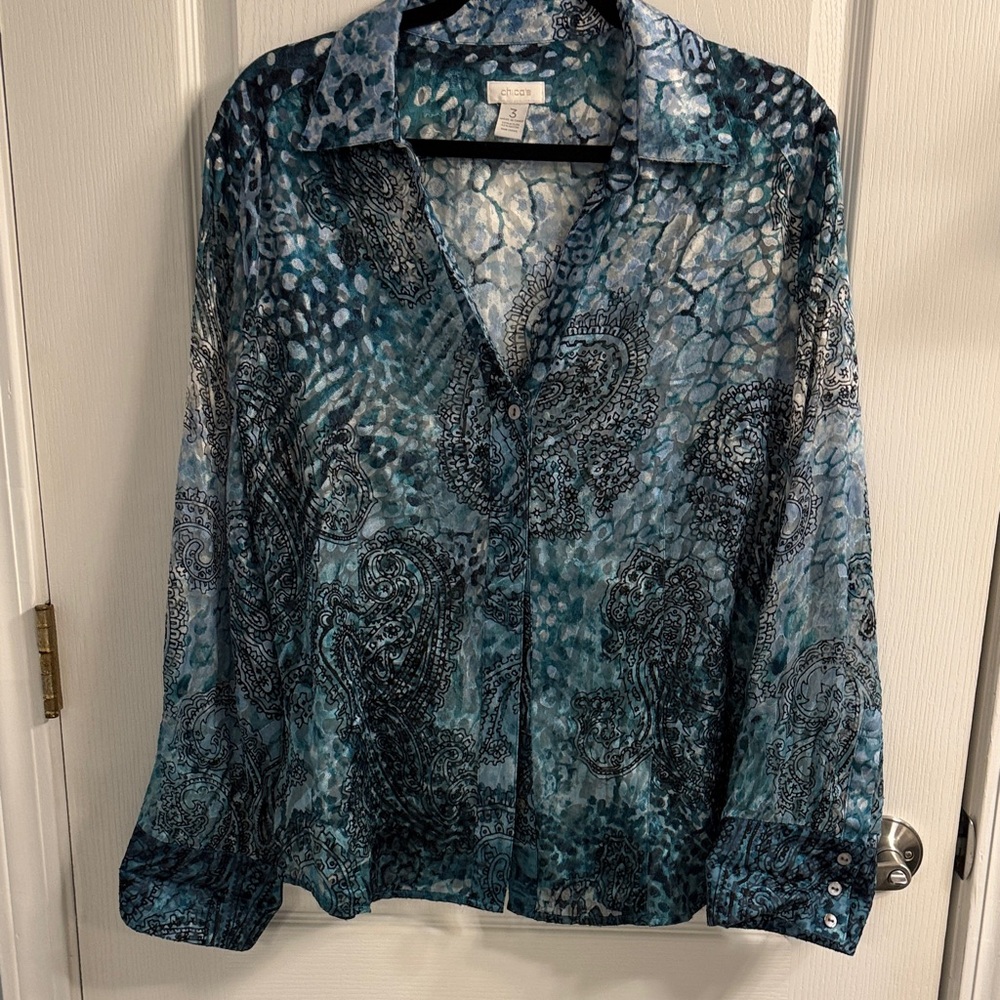 Chico's Sheer Blue and Black Paisley Blouse
